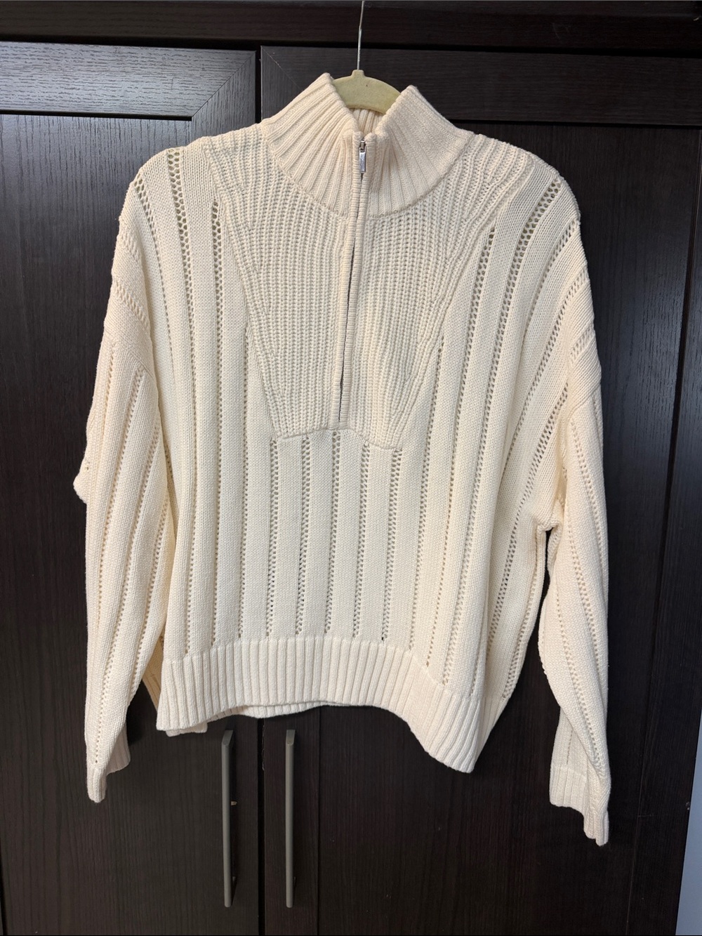 Half-Zip Cream Open-Knit Turtleneck Sweater